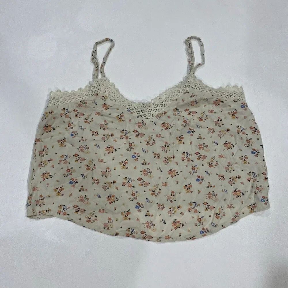 American Eagle Lace Trim Floral Cami Tank Top Cream Size M